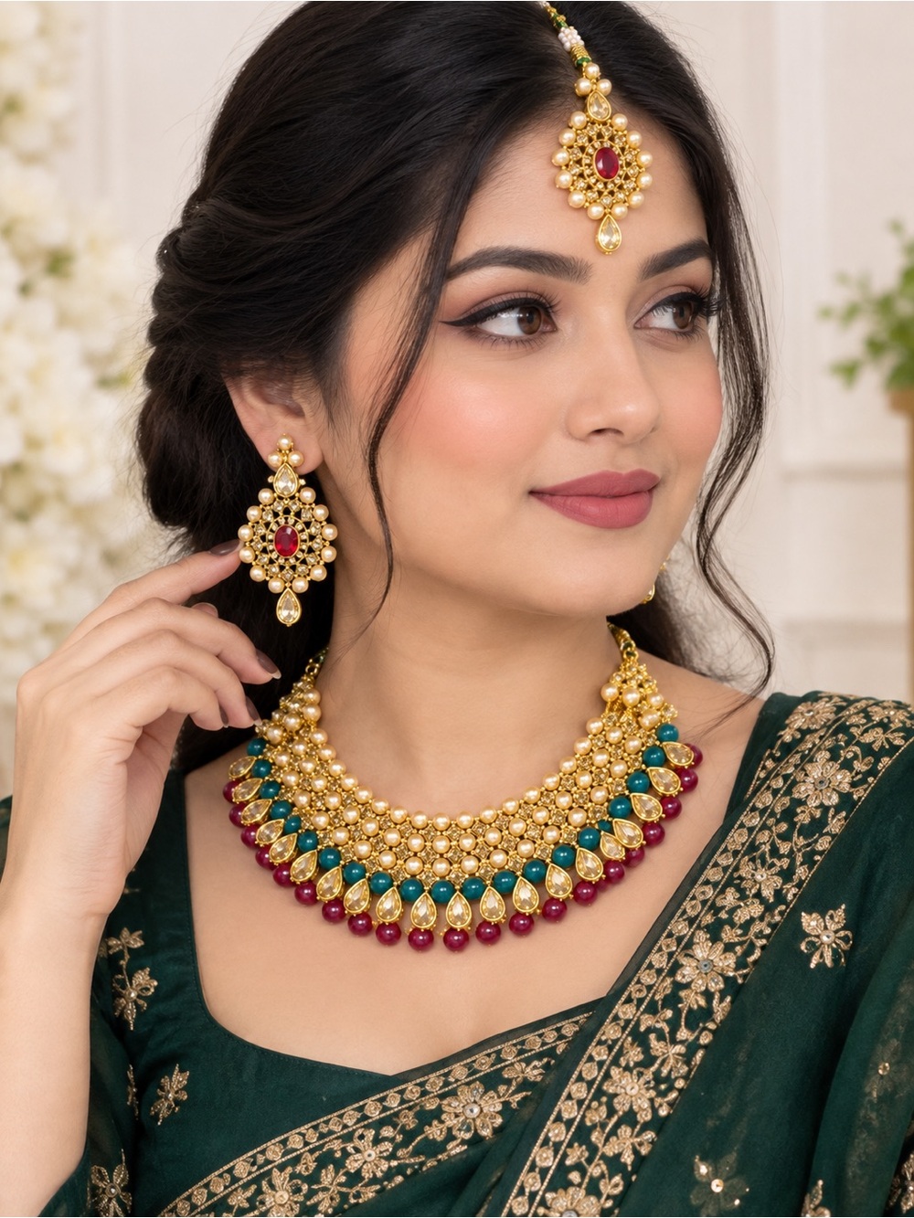 Traditional Gold-Tone Necklace Set with Green and Red Stones